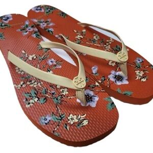 Tory Burch Red Floral Flip Flop Sandals with Cream Straps